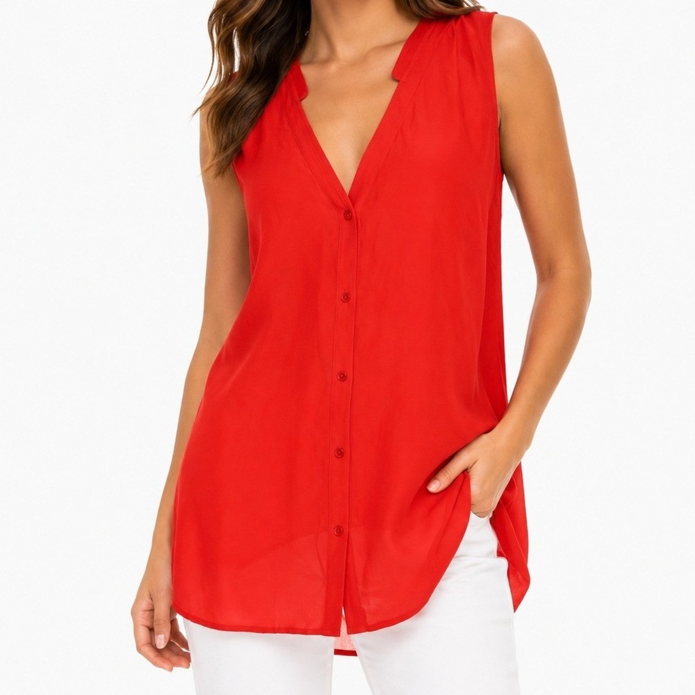 Eileen Fisher Silk Tunic Top Orange Red Sleeveless Button Front XL NWT